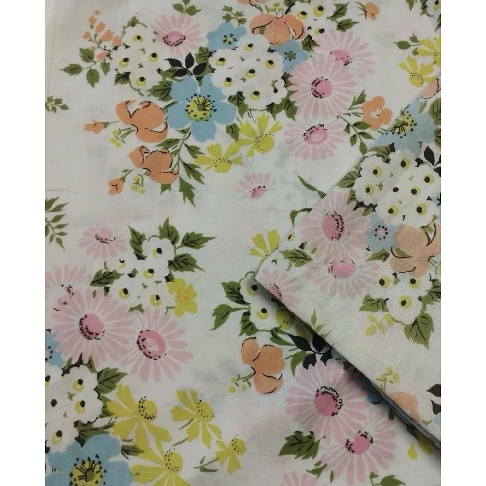 Vintage Pequot Muslin Double / Full Flat Sheet Floral Pink Yellow No Iron Daisy